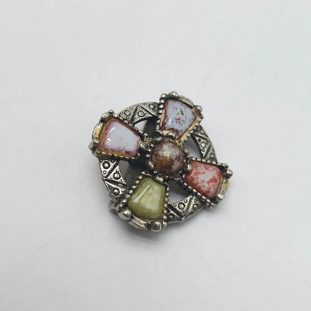Vintage Celtic Style Brooch With Multi Color Stones Silver Tone